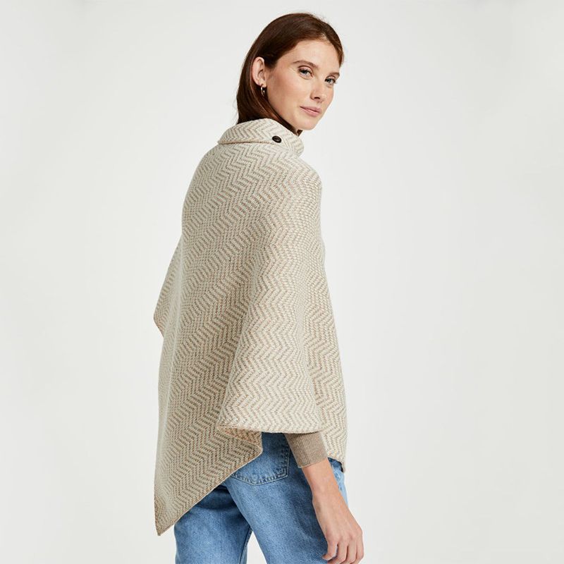 Asymmetrical Herringbone Wool Poncho with Buttons White back view Creative Irish Gifts