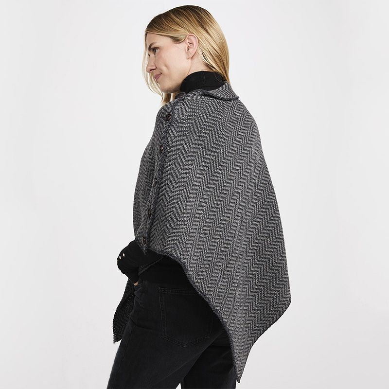 Asymmetrical Herringbone Wool Poncho with Buttons Grey Creative Irish Gifts