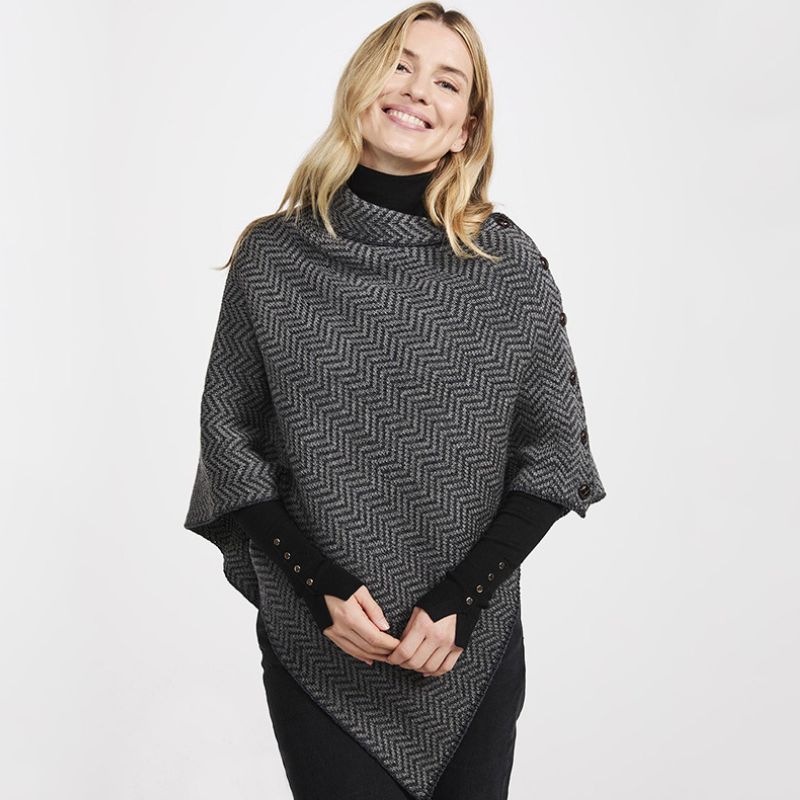 Asymmetrical Herringbone Wool Poncho with Buttons Grey Creative Irish Gifts