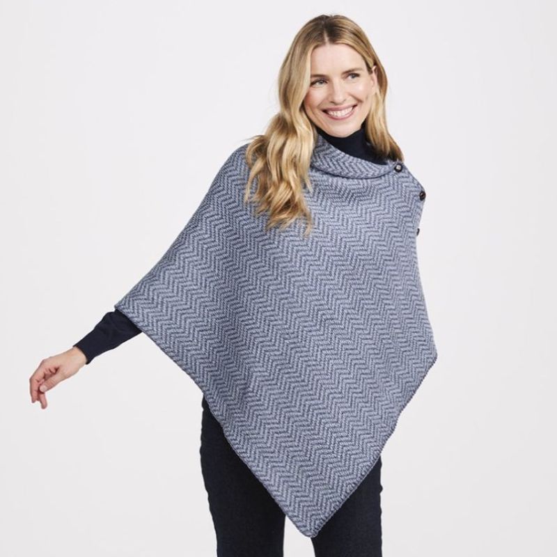 Asymmetrical Herringbone Wool Poncho with Buttons Denim front view Creative Irish Gifts