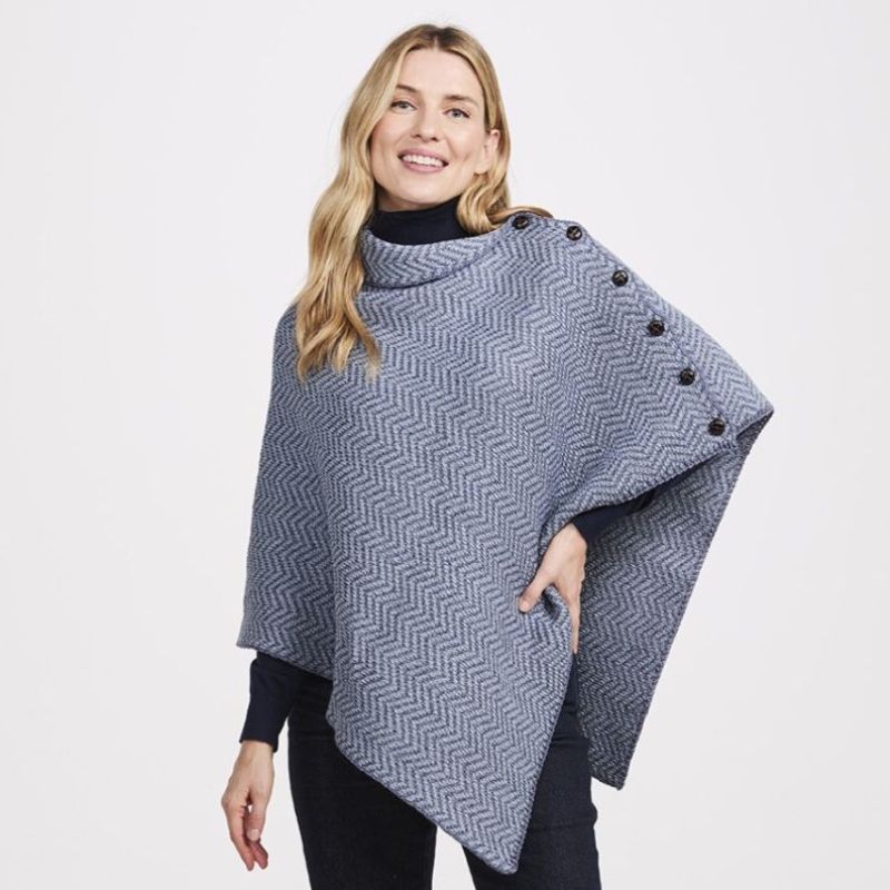 Asymmetrical Herringbone Wool Poncho with Buttons Denim Creative Irish Gifts