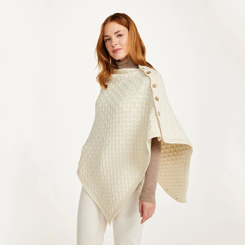 Aran Merino Wool V-Neck Cape White Creative Irish Gifts