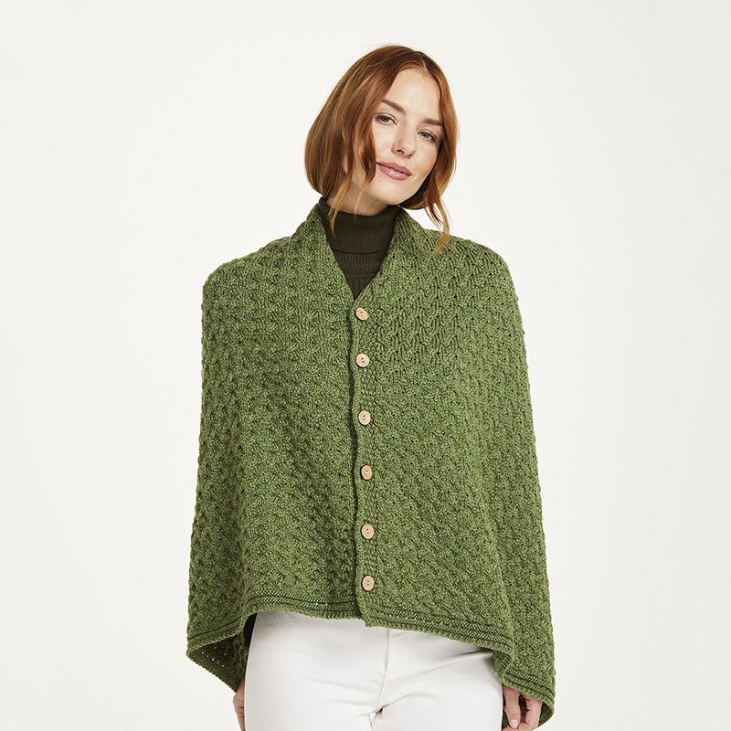 Aran Merino Wool V-Neck Cape Green Creative Irish Gifts