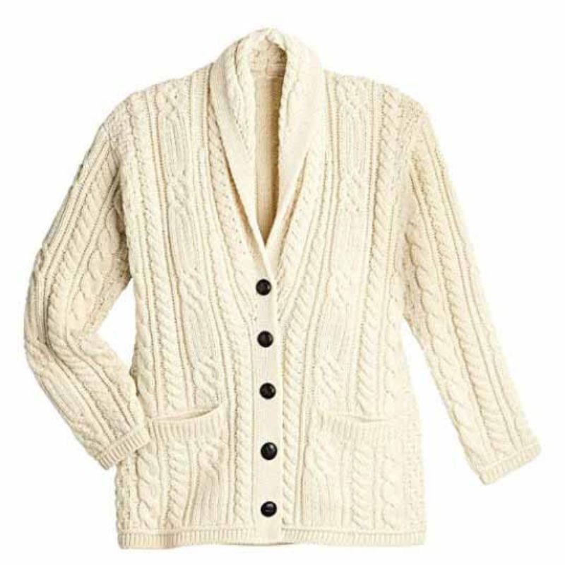 B838206 Merino Wool Irish Cable Button Cardigan, White studio Creative Irish gift