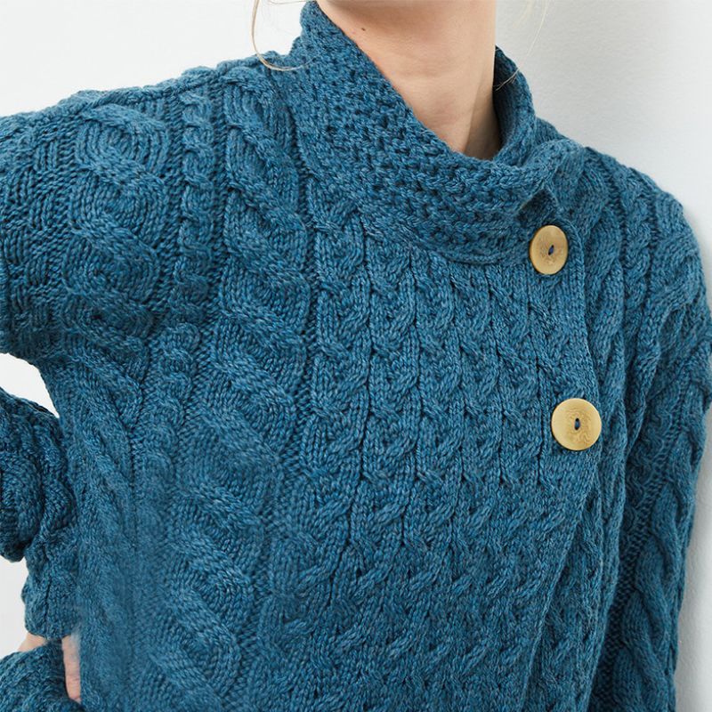 Aran SuperSoft Merino Wool Cardigan with Buttons Blue front view Creative Irish Gift
