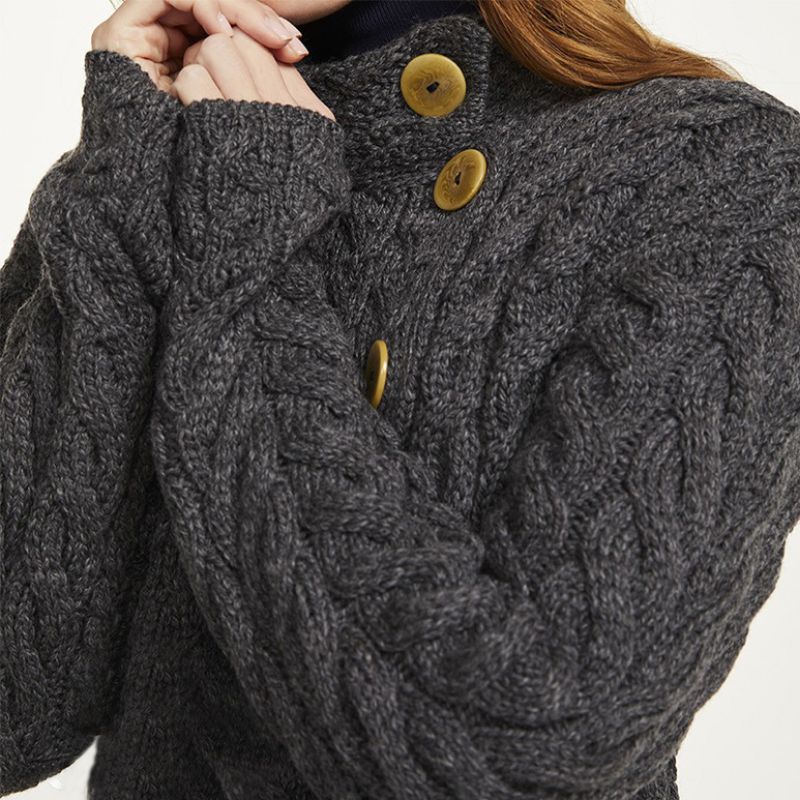 Aran SuperSoft Merino Wool Cardigan with Buttons Grey Creative Irish Gift