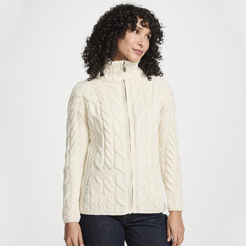 Irish Zip Up Wool Turtleneck Cardigan