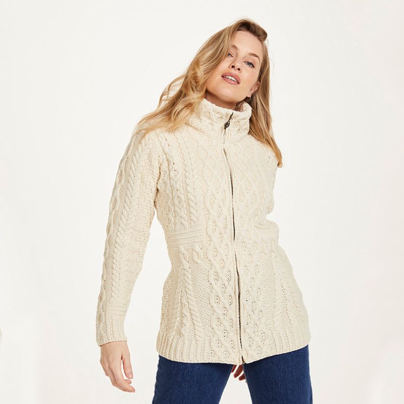 Aran Zip Merino Wool Long Cardigan White front view Creative Irish Gifts