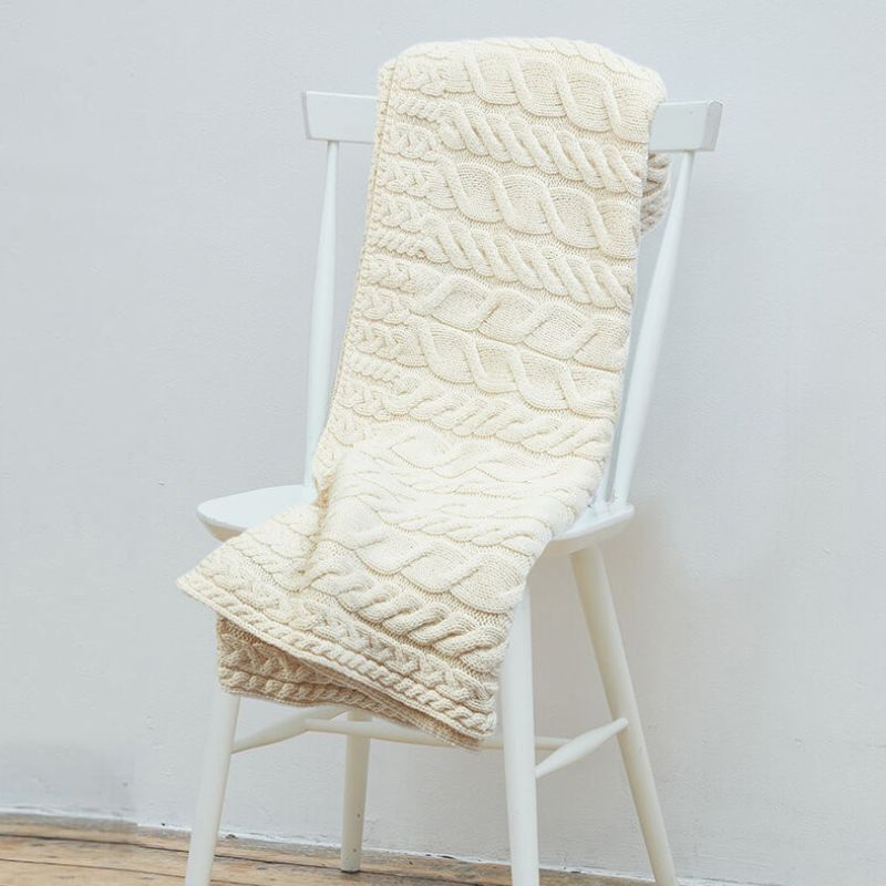 SuperSoft Merino Cable Knit Aran Blanket, White Front Creative Irish Gifts