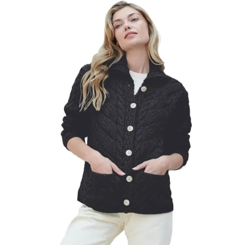 Aran Knit Button Front Cardigan- Black Creative Irish Gifts