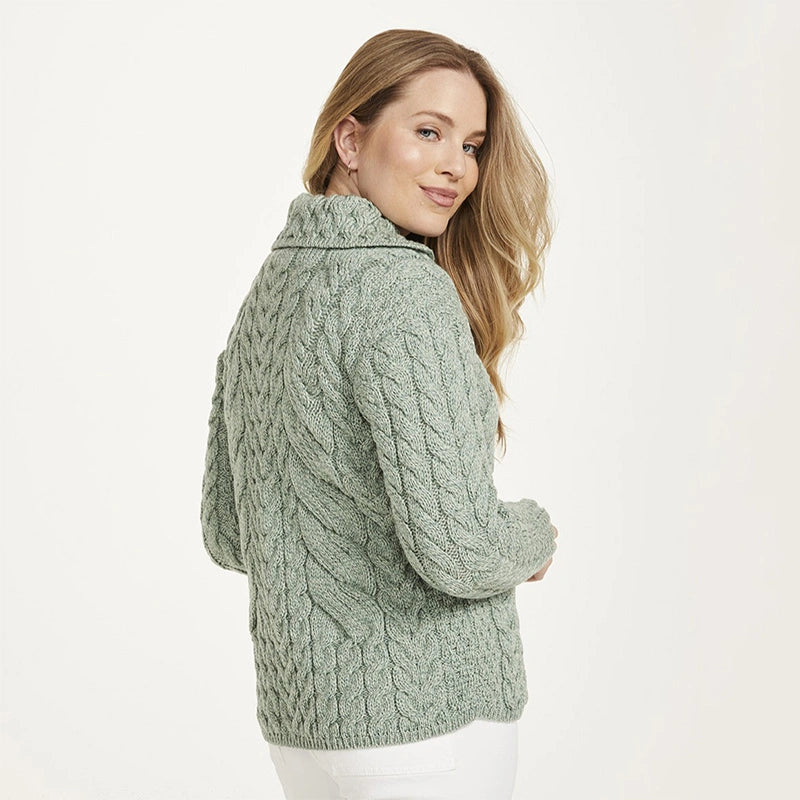 B940373 Aran Knit Button Front Cardigan- Seafoam Side Back View Creative Irish Gifts