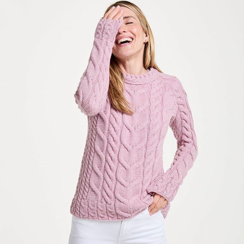 Women's Aran Knit Cable Sweater, Pink Creative Irish gift