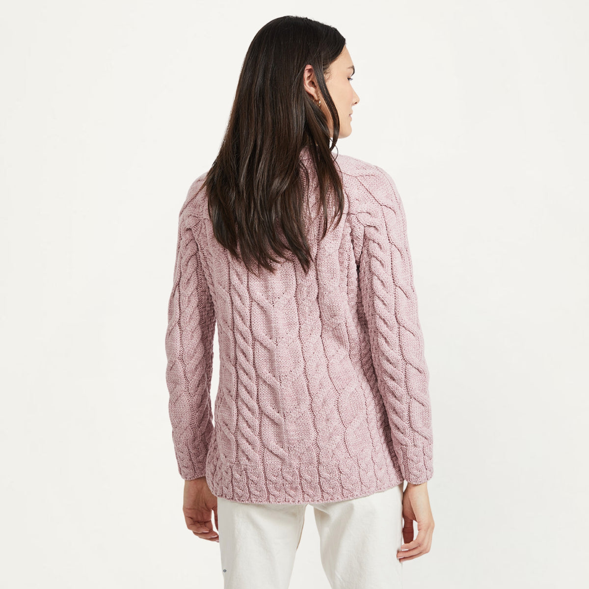 Women's Aran Knit Cable Sweater, Pink Back View Creative Irish gift