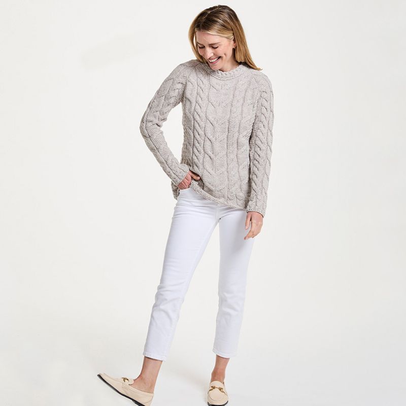 Women's Aran Knit Cable Sweater, Toasted Oat Front View Creative Irish gift