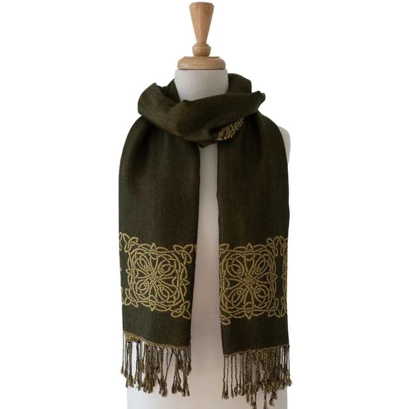 BIL-BC2101-08 Celtic Knotwork Scarf with Braided Tassels, Mustard Creative Irish Gifts