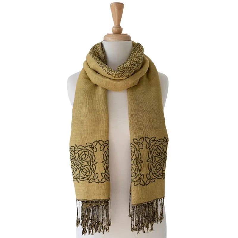 BIL-BC2101-08 Celtic Knotwork Scarf with Braided Tassels, Mustard Creative Irish Gifts