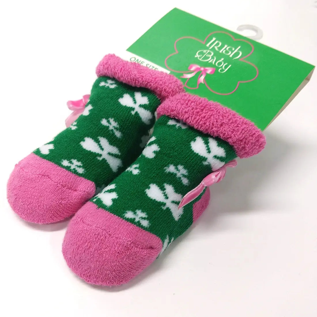 BM002-Green & Pink Baby Booties with Traditional Shamrocks Studio Creative Irish gift