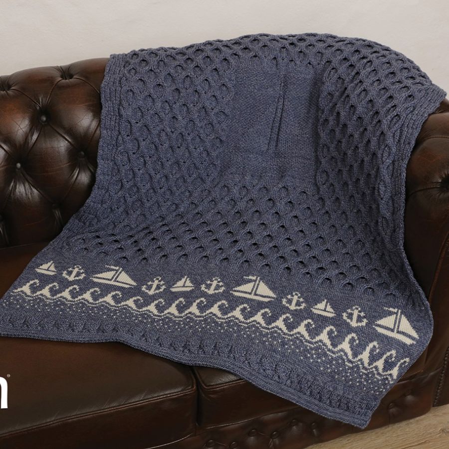 CA748 Merino Wool Irish Throw with Sailing Boat Design Creative Irish gift.