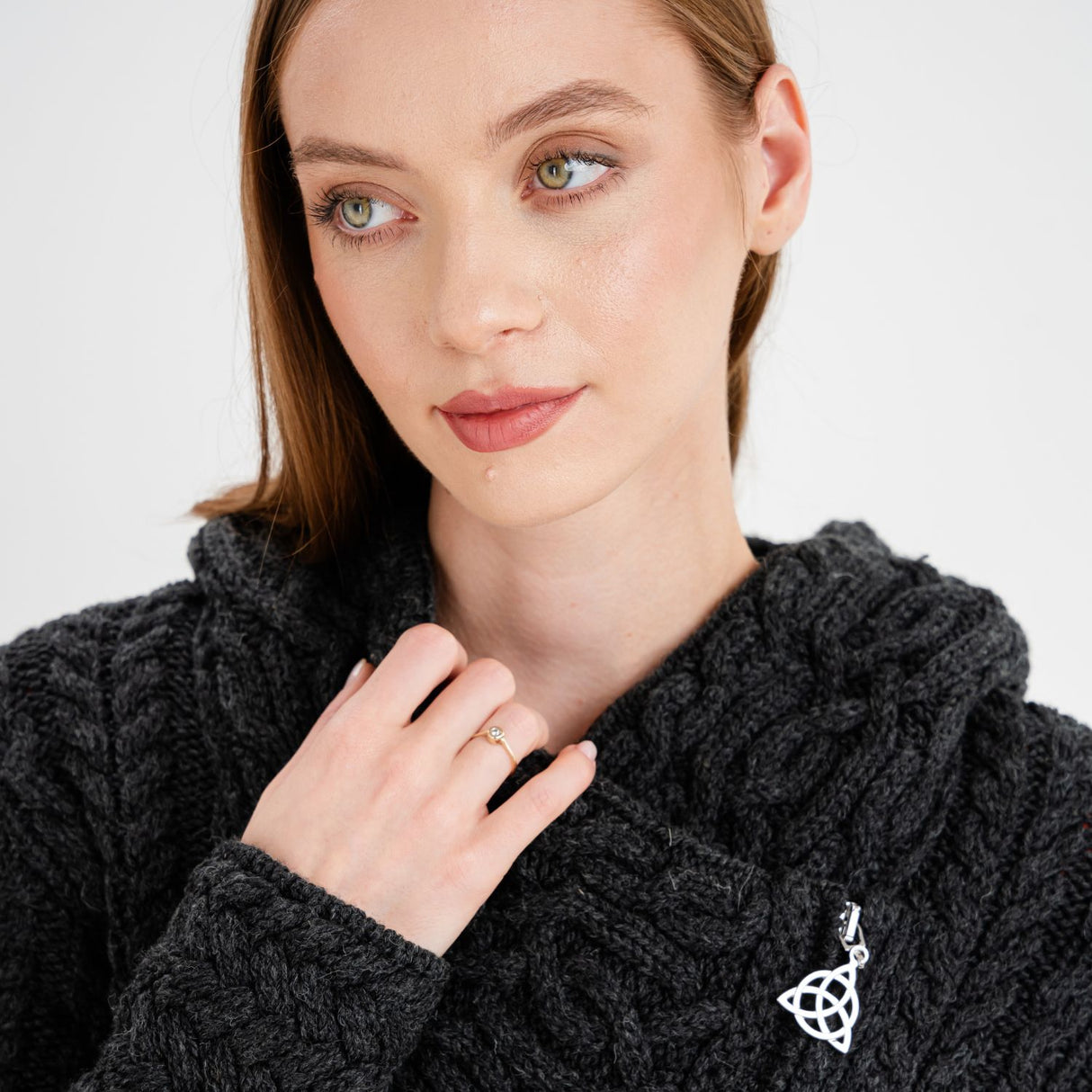 CC944-GRNSM Irish Cable Knit Long Merino Coat, Charcoal Studio Creative Irish Gifts.com