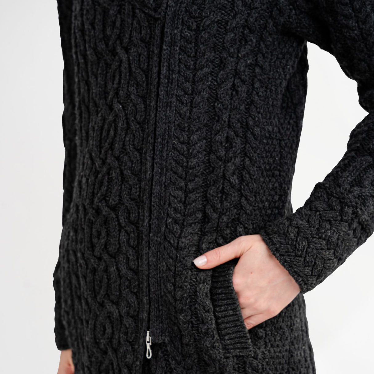 CC944-GRNSM Irish Cable Knit Long Merino Coat, Charcoal Creative Irish Gifts.com