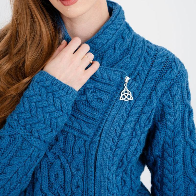 CD715-BLKSM Aran Knit Coatigan with Celtic Knot Side Zip, Teal Creative Irish Gifts.com