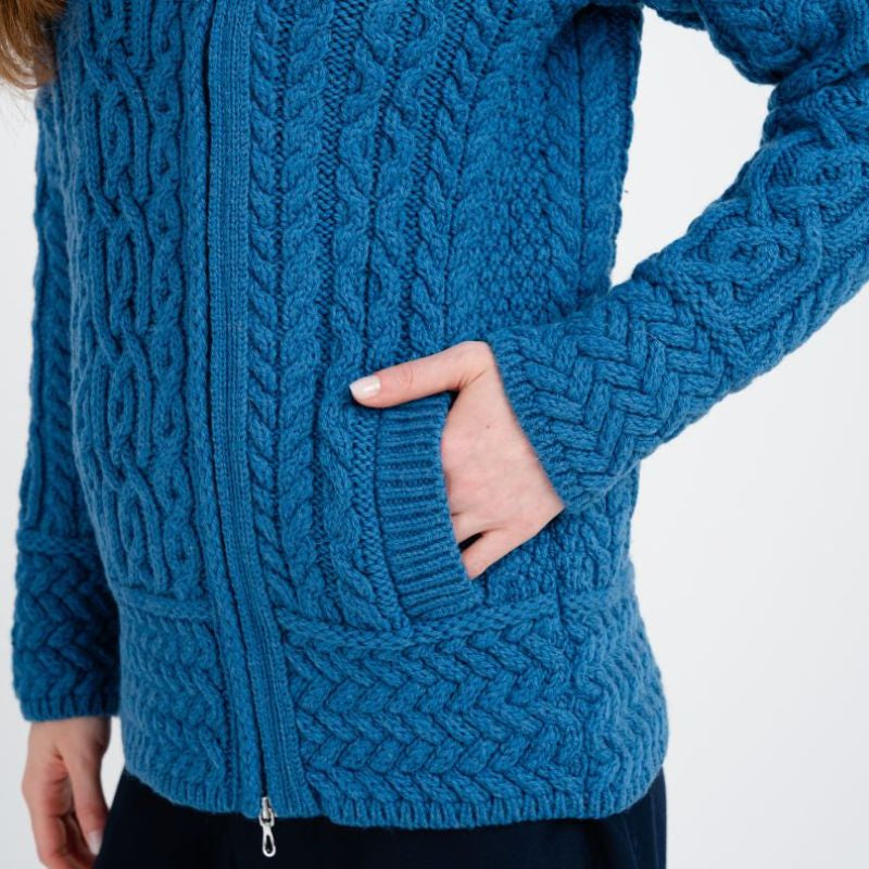 CD715-BLKSM Aran Knit Coatigan with Celtic Knot Side Zip, Teal Creative Irish Gifts.com