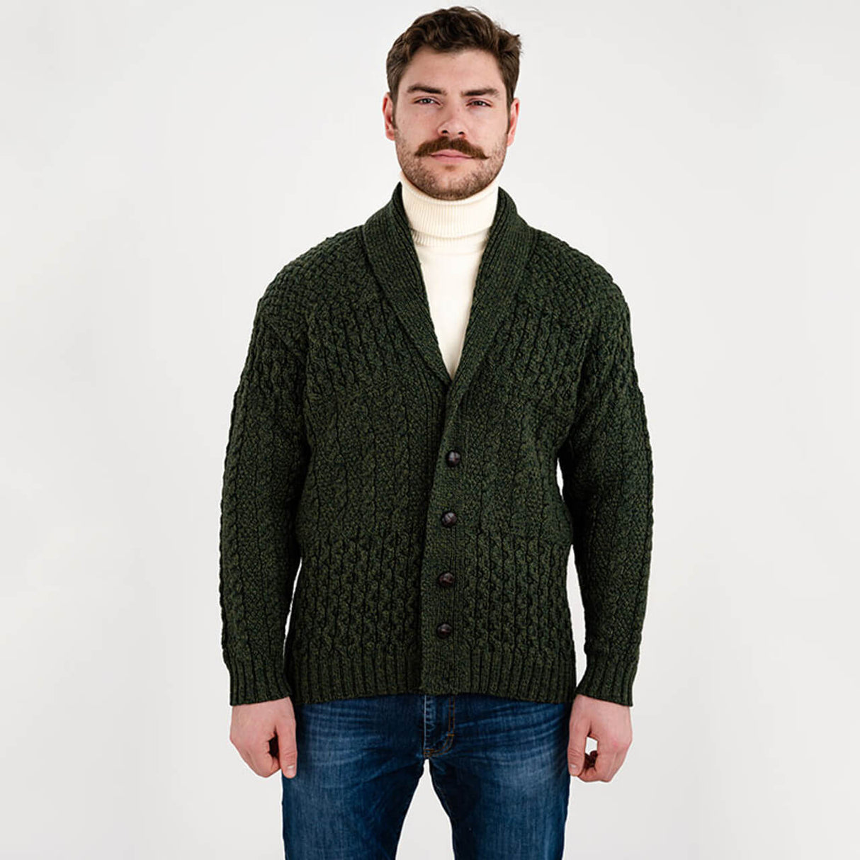 CD731-GRNSM Men's Aran Shawl Neck Merino Cardigan, Green Creative Irish gift