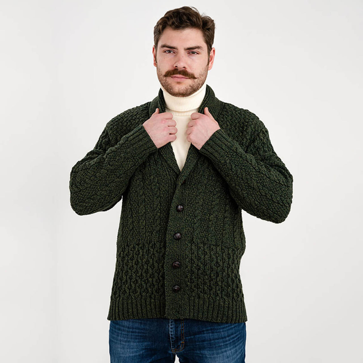 CD731-GRNSM Men's Aran Shawl Neck Merino Cardigan, Green Front Creative Irish gift