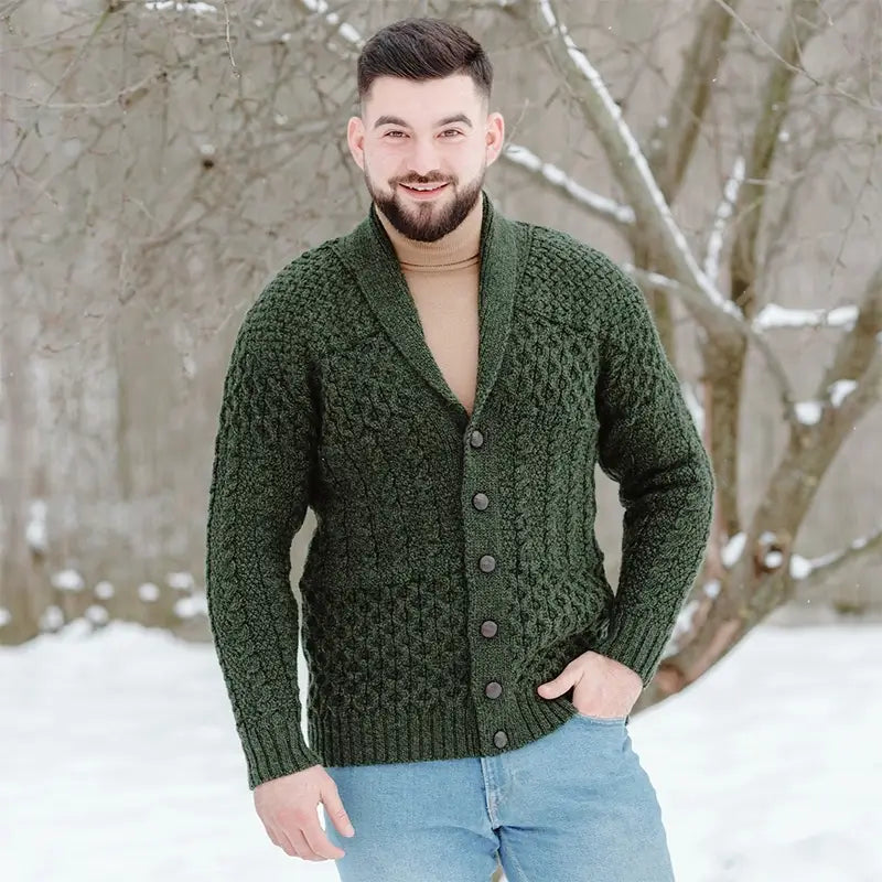 CD731-GRNSM Men's Aran Shawl Neck Merino Cardigan, Green Front view Creative Irish gift