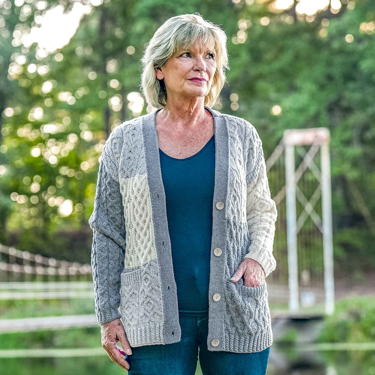 Aran Knit Patchwork Cardigan- Blue, Grey, White - Creative Irish Gifts