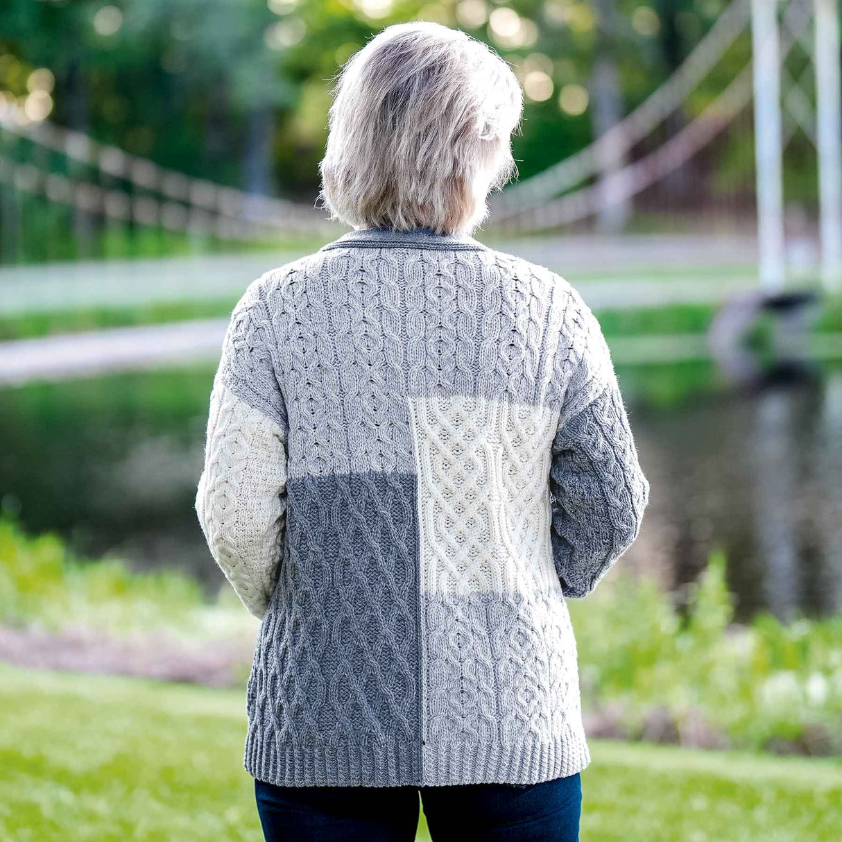Aran Knit Patchwork Cardigan- Blue, Grey, White - Creative Irish Gifts