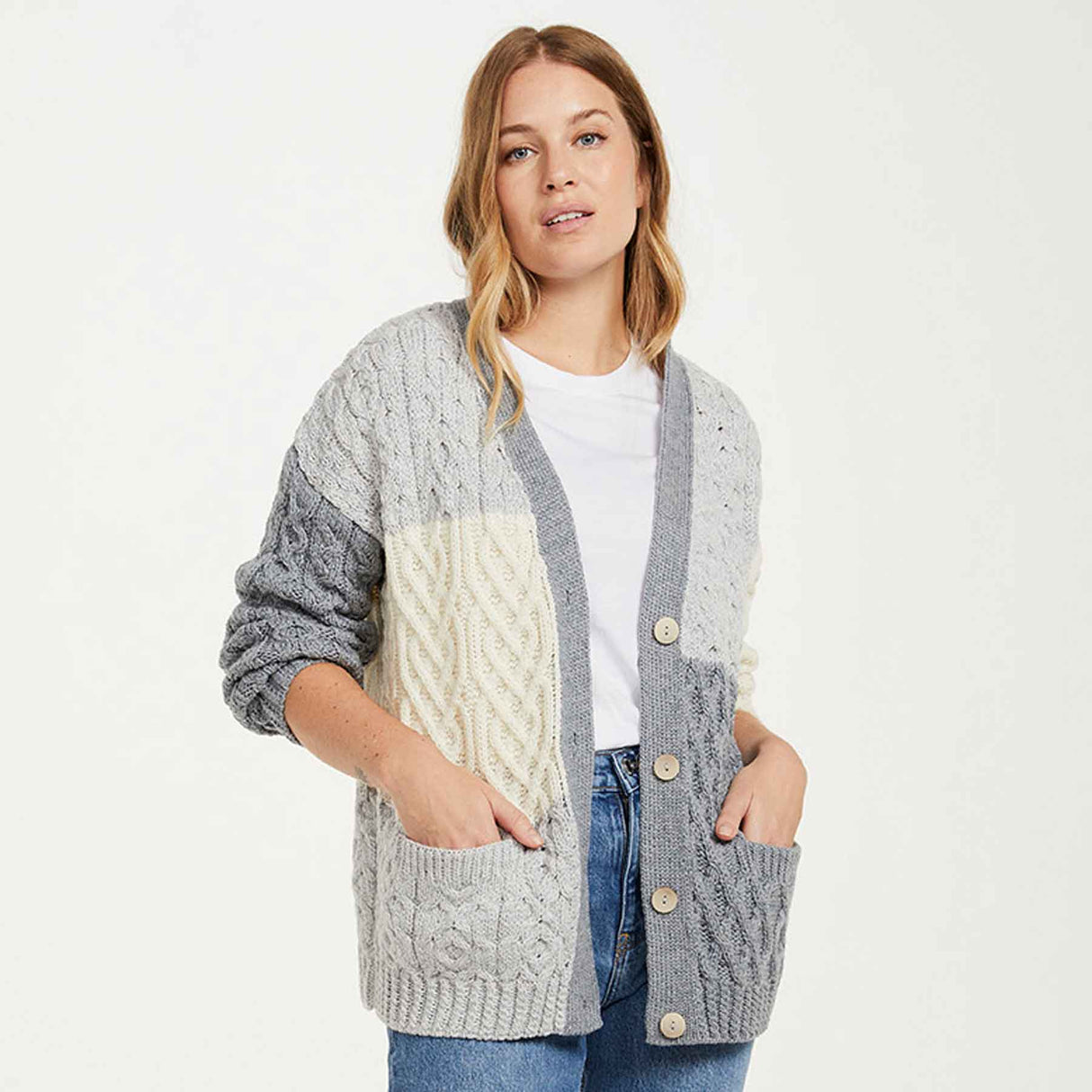 Supersoft Aran Knit Patchwork Cardigan, Blue - Creative Irish Gifts