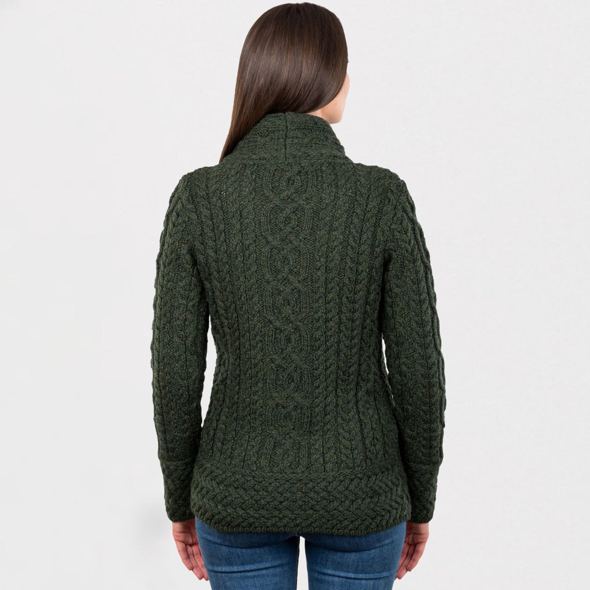 CG604-GRNSM Aran Knit Coatigan with Celtic Knot Side Zip, Army Green Back View Creative Irish Gifts.com