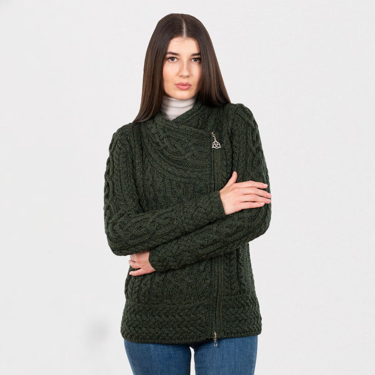 CG604-GRNSM Aran Knit Coatigan with Celtic Knot Side Zip, Army Green Studio Creative Irish Gifts.com