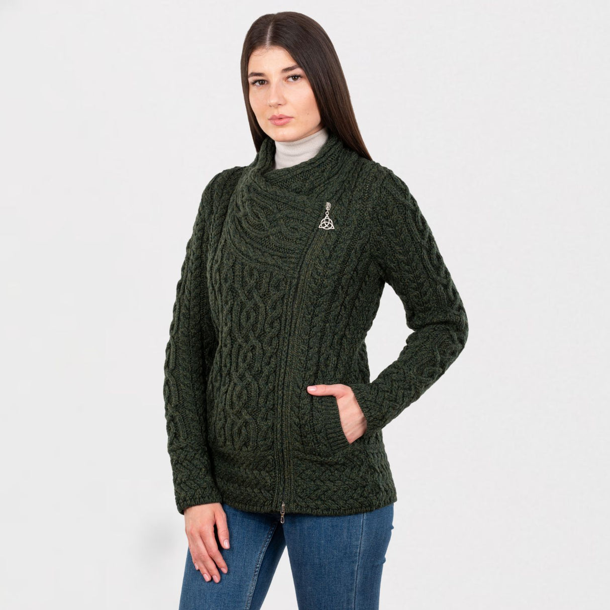 CG604-GRNSM Aran Knit Coatigan with Celtic Knot Side Zip, Army Green side view Creative Irish Gifts.com