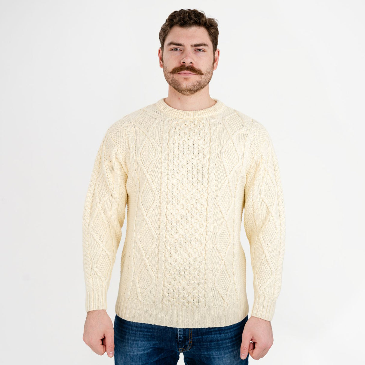 CG609-NATSM Men's Heavyweight Wool Irish Sweater, Natural Front View Creative Irish Gifts.com