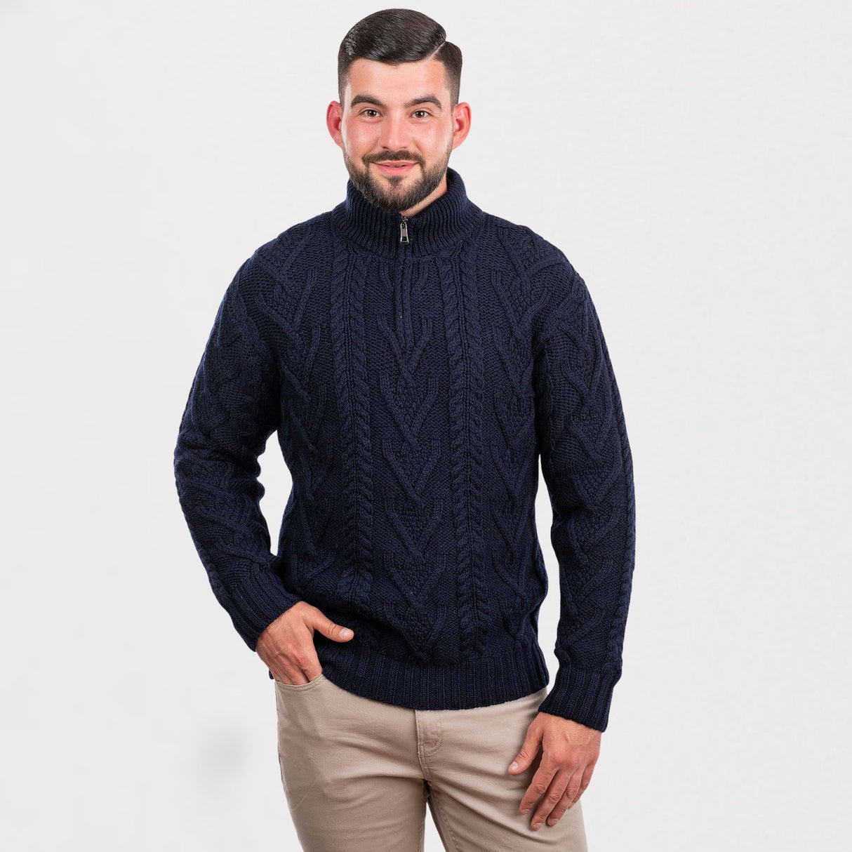 CG612-BLUMD Men's Merino Wool Aran Turtleneck Sweater, Blue Creative Irish Gifts.com