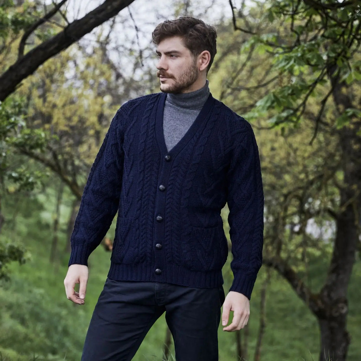 CG612-BLUMD Men's Merino Wool Aran Turtleneck Sweater Blue Lifestyle Creative Irish Gifts