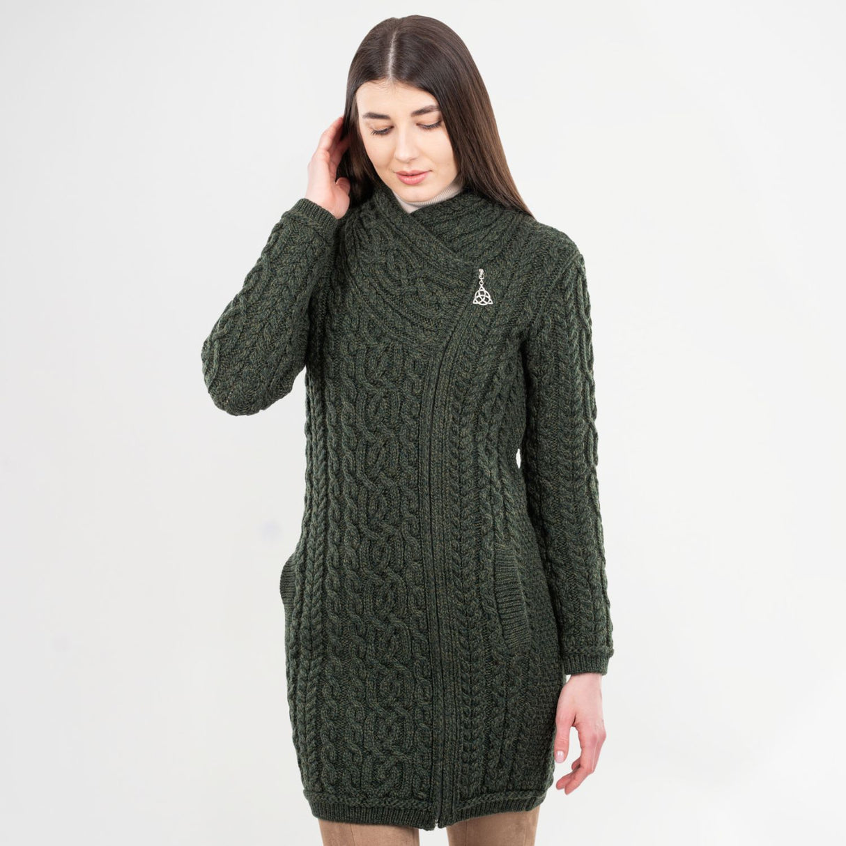 CG617-GRNSM Women's Aran Knit Side Zip Long Jacket, Army Green Front View Creative Irish Gifts.com