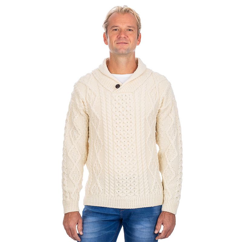 CG622-OATMD Men's Irish Cable Shawl Neck Sweater, Natural Studio Creative Irish Gifts.com