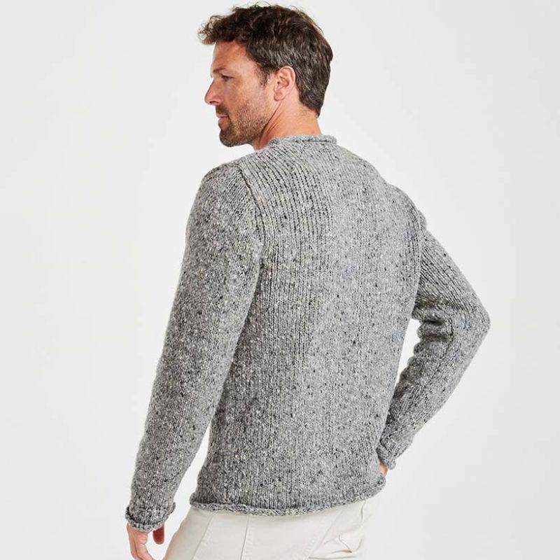 CG623-NVYMD Men's Donegal Tweed Roll Neck Aran Sweater Gray Back View Creative Irish Gifts.com