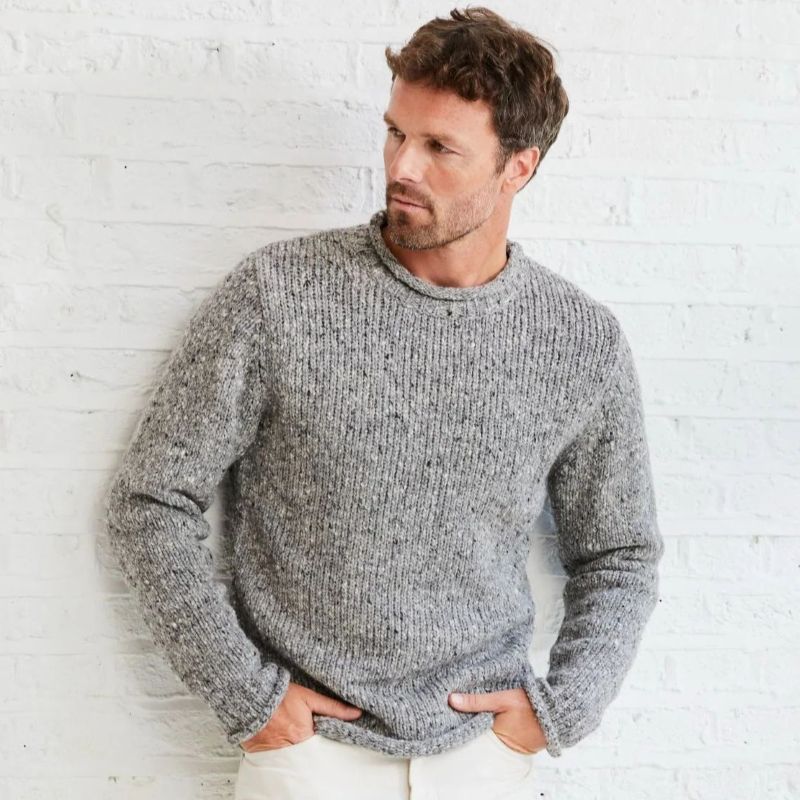 CG623-NVYMD Men's Donegal Tweed Roll Neck Aran Sweater Gray Studio Creative Irish Gifts.com