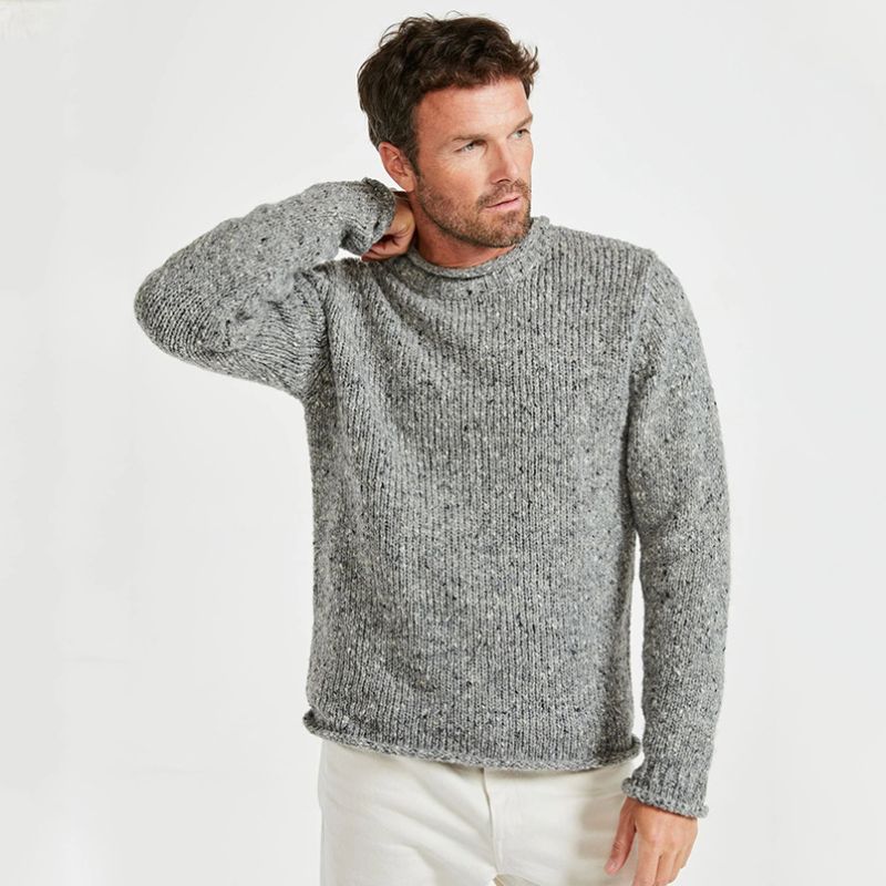 CG623-NVYMD Men's Donegal Tweed Roll Neck Aran Sweater Gray Front View Creative Irish Gifts.com