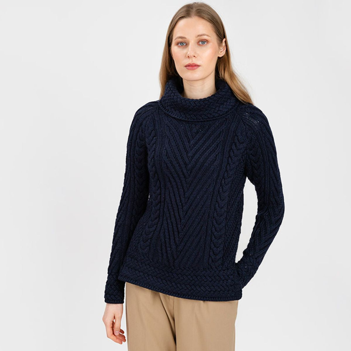 CG628-NVYSM Women's Merino Wool Irish Turtleneck Sweater, Navy Front View Creative Irish Gifts.com
