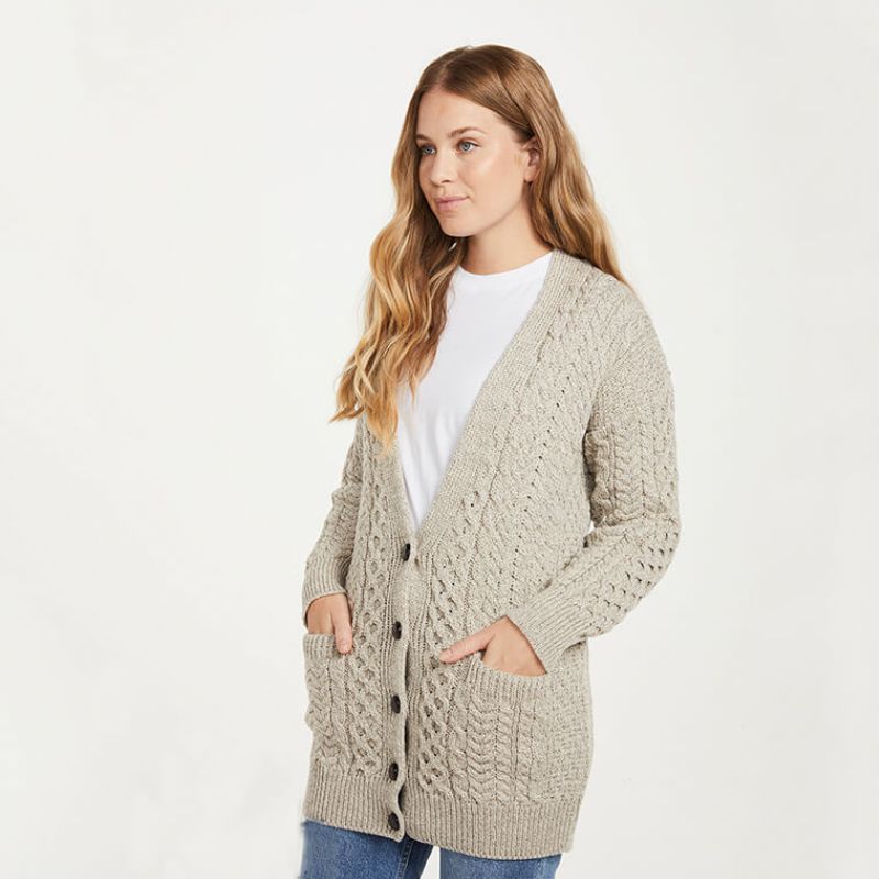 CG633-NATMD Ladies Button Up Aran Boyfriend Cardigan, Oatmeal Studio Creative Irish Gifts.com