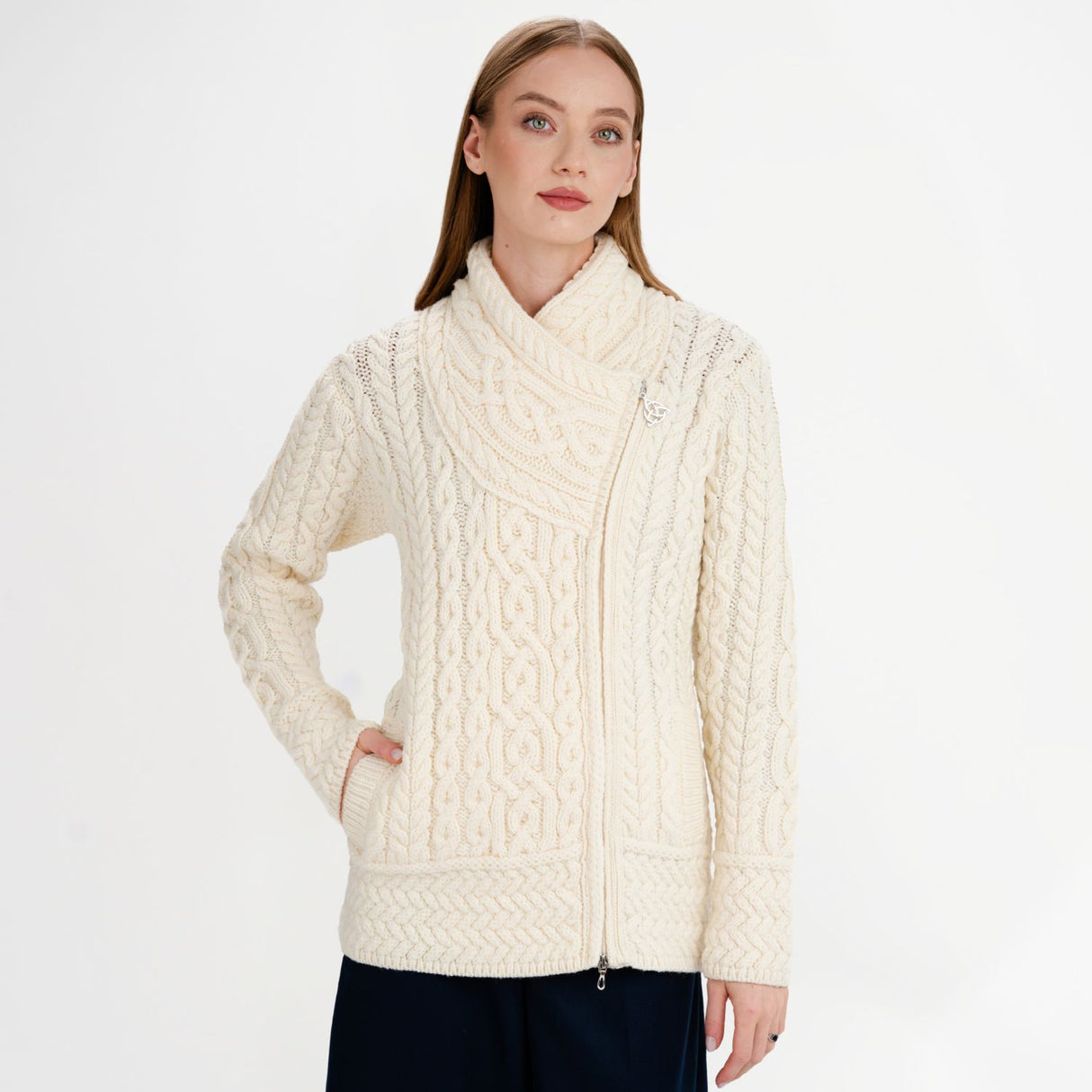 CG649- Women's Cable Pattern Side Zip Aran Cardigan, Natural Studio Creative Irish Gifts.com