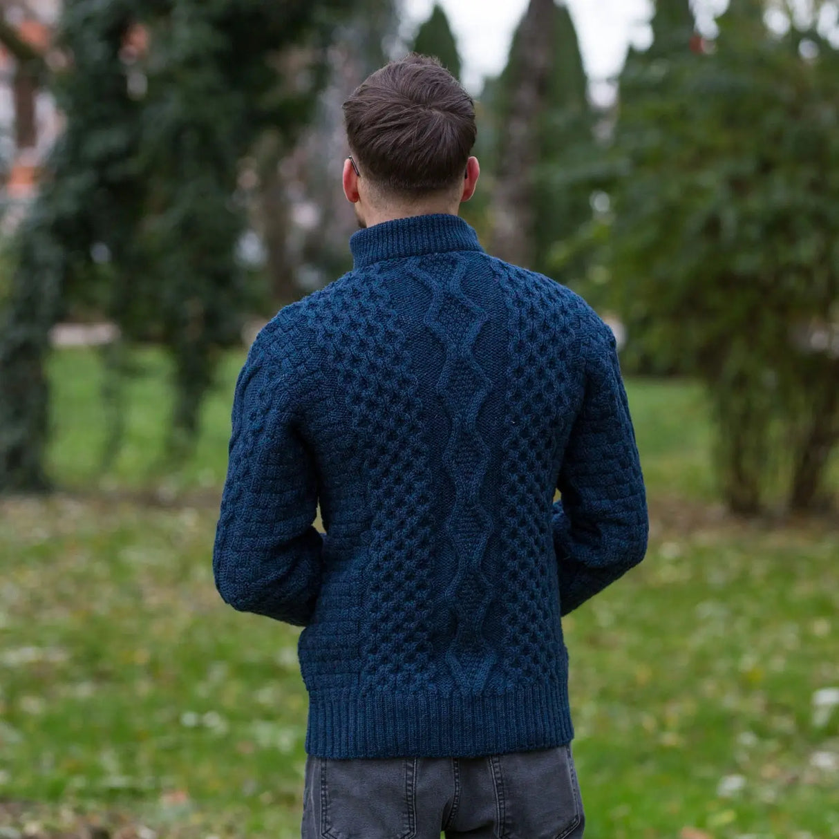 CG702 Men's Shawl Collar Fisherman Sweater Ocean Blue Back Creative Irish Gifts