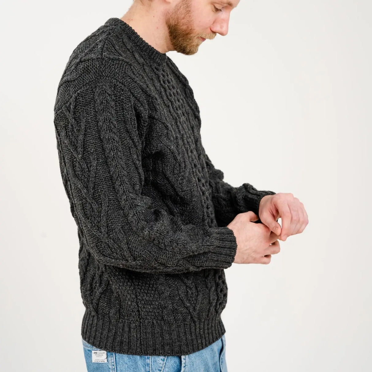 CG707 Men's Merino Aran Sweater Charcoal Side View Creative Irish Gifts