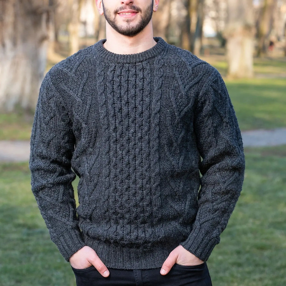 CG707 Men's Merino Aran Sweater Charcoal Lifestyle View Creative Irish Gifts