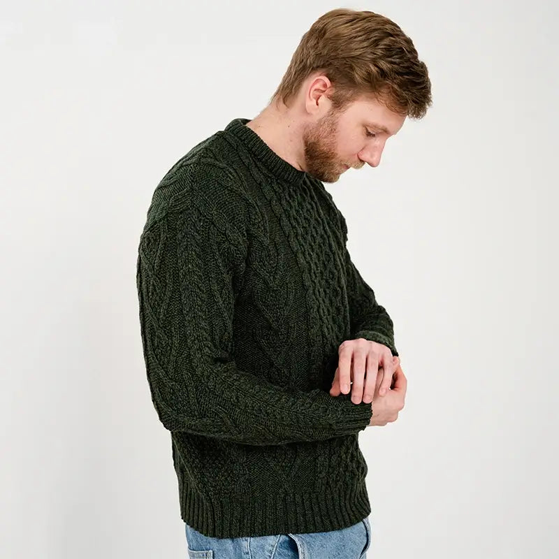 CG708 Men's Merino Aran Sweater Army Green Side View Creative Irish Gifts